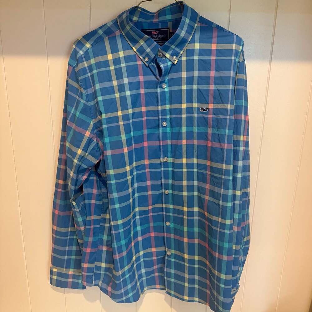 Vineyard Vines Slim Fit Whale Shirt Blue Plaid Button Down XL